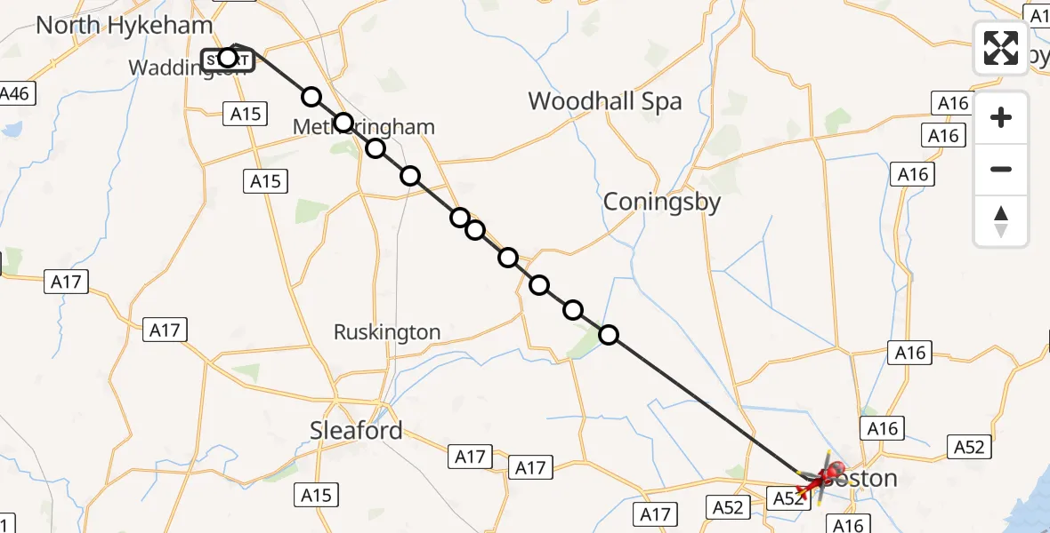 Flight route Air Ambulance Helicopter RAF Waddington - Boston, 23 May 2026, 10:36