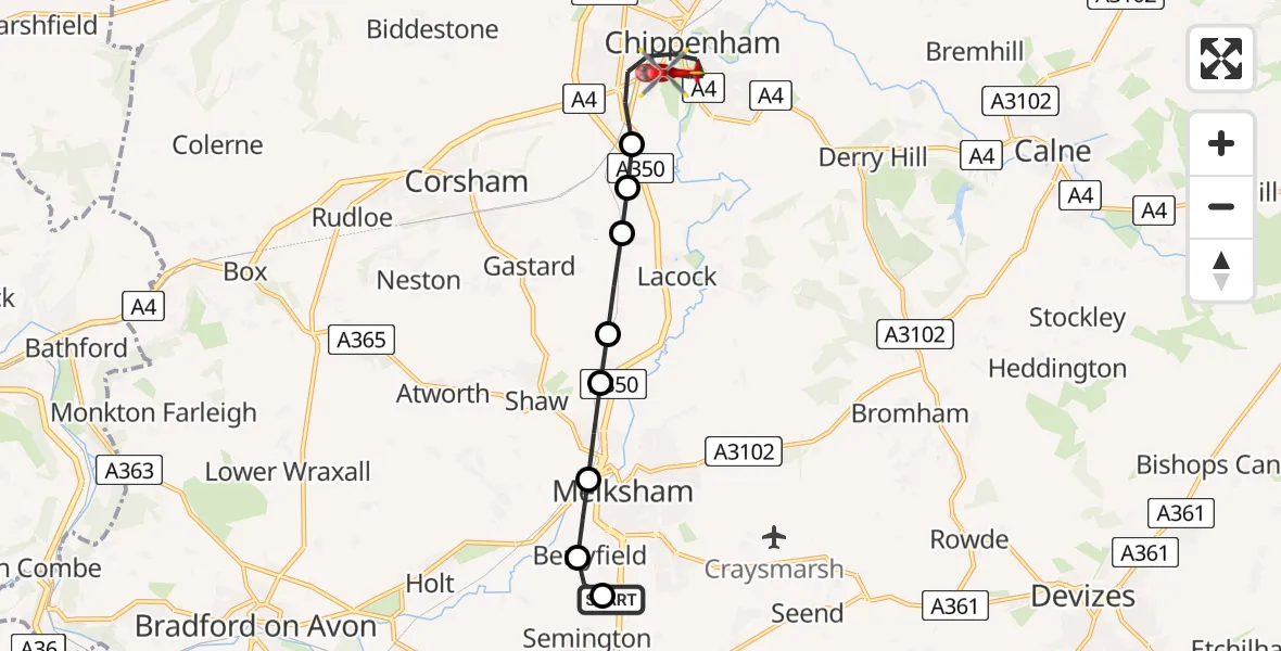 Flight route Air Ambulance Helicopter Wiltshire Air Ambulance - Chippenham, 23 May 2026, 10:39