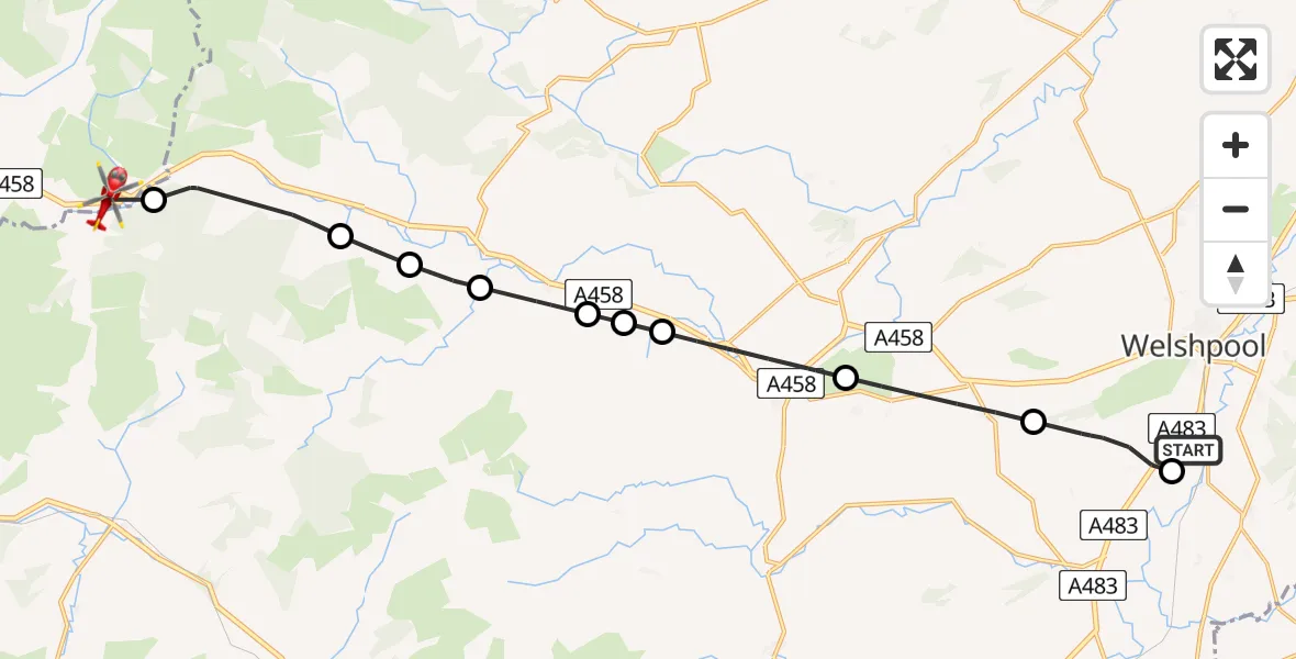 Flight route Air Ambulance Helicopter Welshpool Airport - Mawddwy, 23 May 2026, 10:41