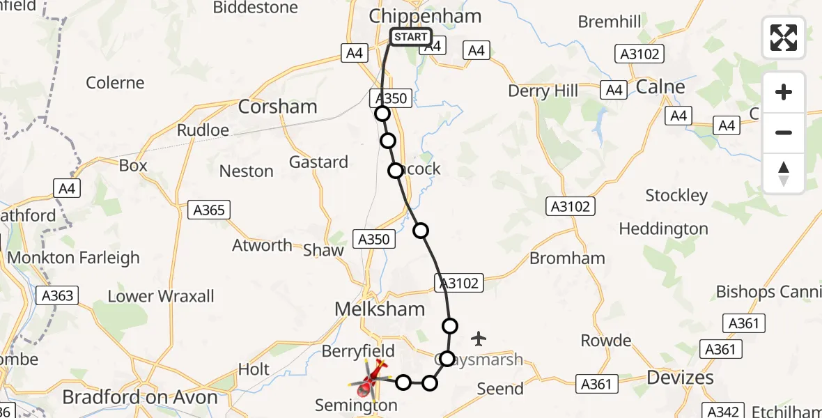 Flight route Air Ambulance Helicopter Chippenham - Melksham, 23 May 2026, 10:53