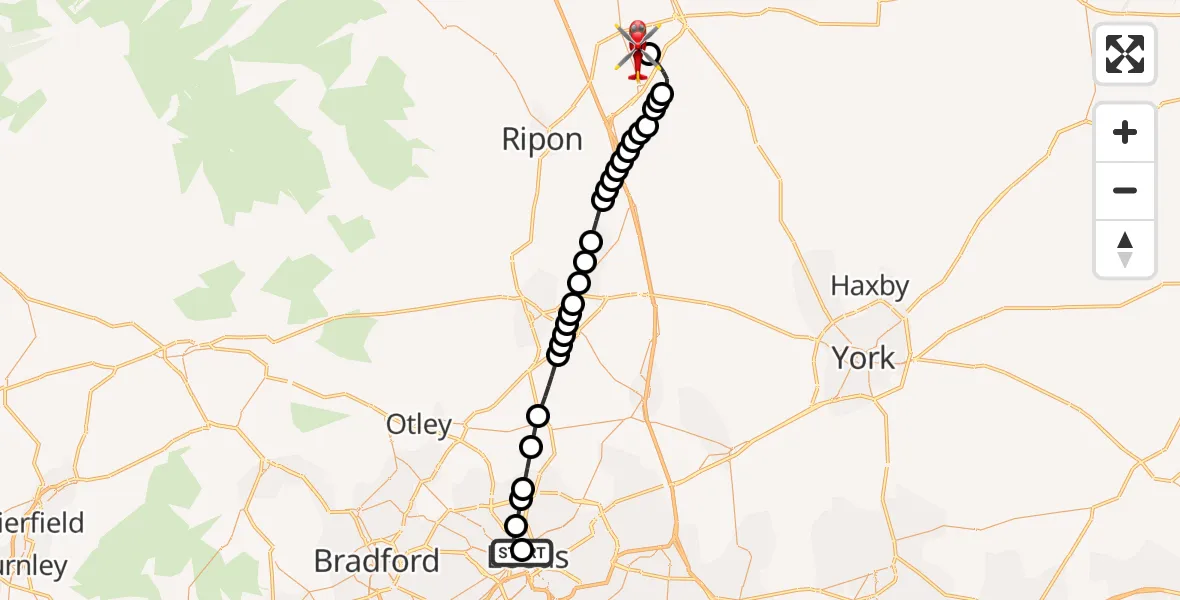 Flight route Air Ambulance Helicopter Woodhouse - RAF Topcliffe, 23 May 2026, 10:53