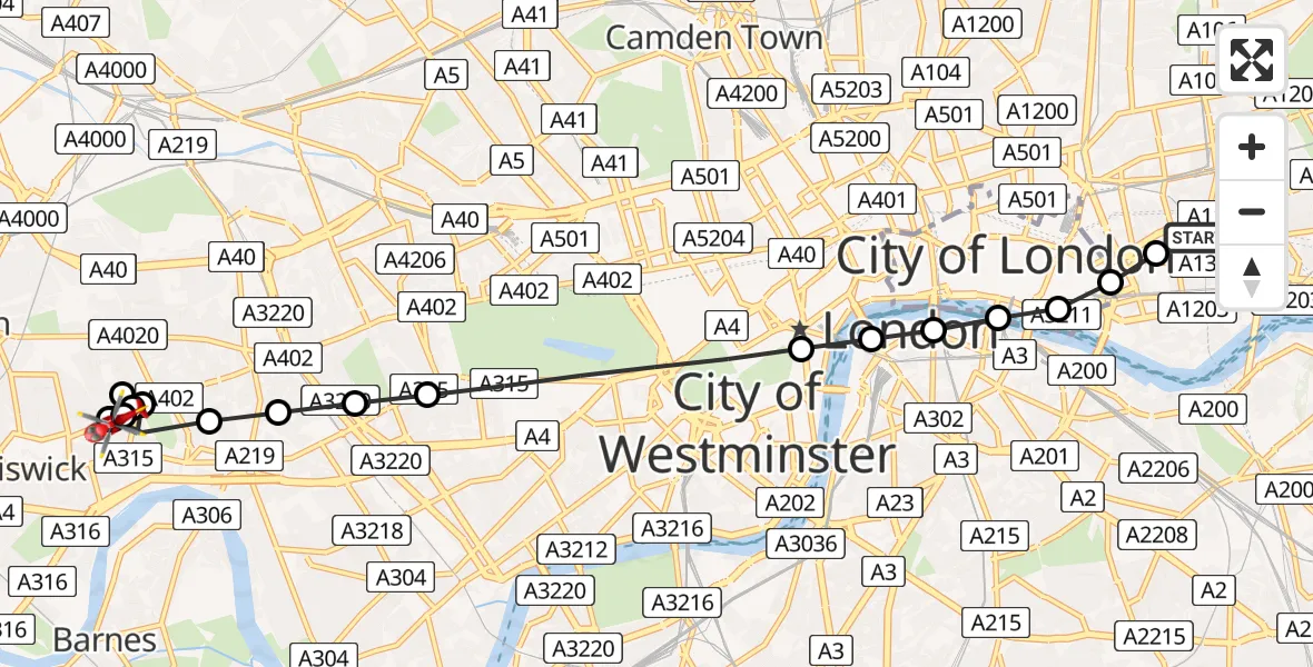 Flight route Air Ambulance Helicopter Royal London Hospital - Hammersmith and Fulham, 23 May 2026, 10:56