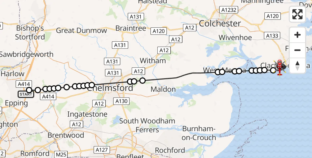 Flight route Air Ambulance Helicopter North Weald Airfield - Clacton Airfield, 23 May 2026, 10:58