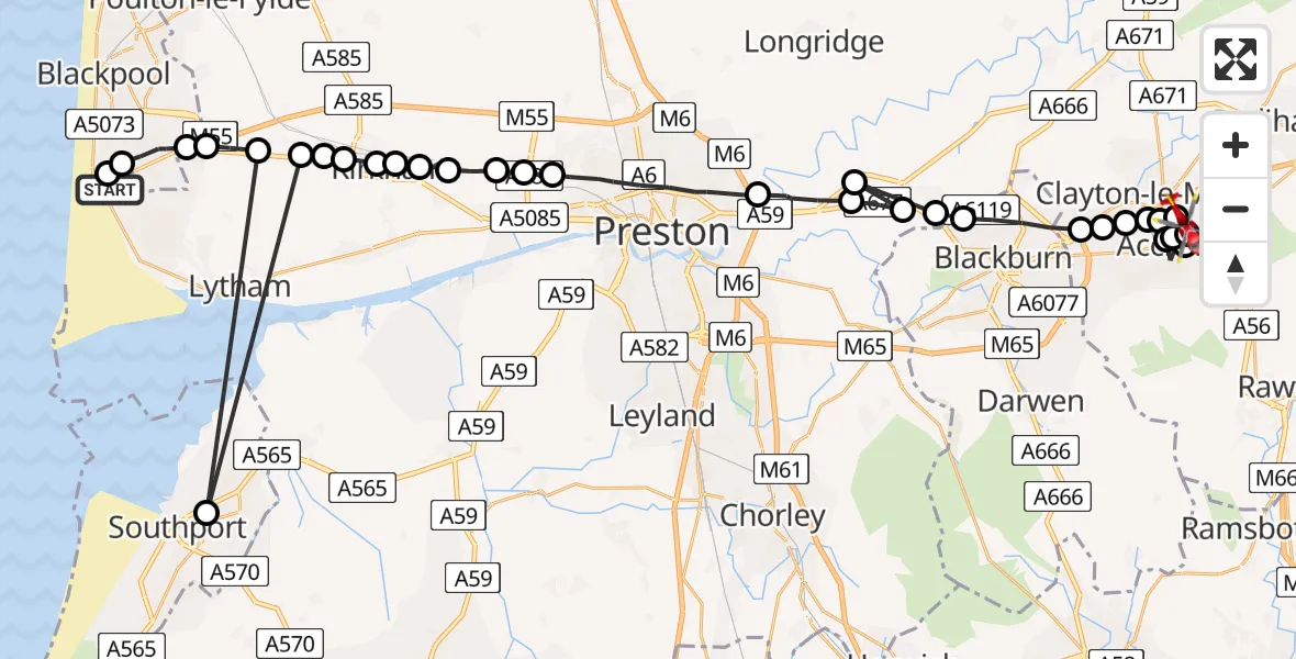 Flight route Air Ambulance Helicopter Blackpool Airport - Accrington, 23 May 2026, 11:02