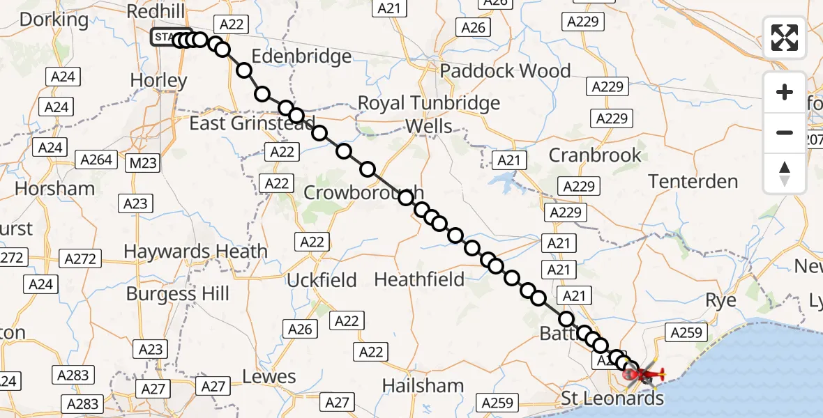 Flight route Air Ambulance Helicopter Redhill Aerodrome - Hastings, 23 May 2026, 11:04