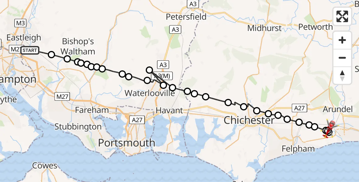 Flight route Air Ambulance Helicopter Eastleigh - Ford, 23 May 2026, 11:13