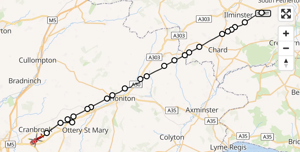 Flight route Air Ambulance Helicopter Seavington St Mary - Rockbeare, 23 May 2026, 11:17