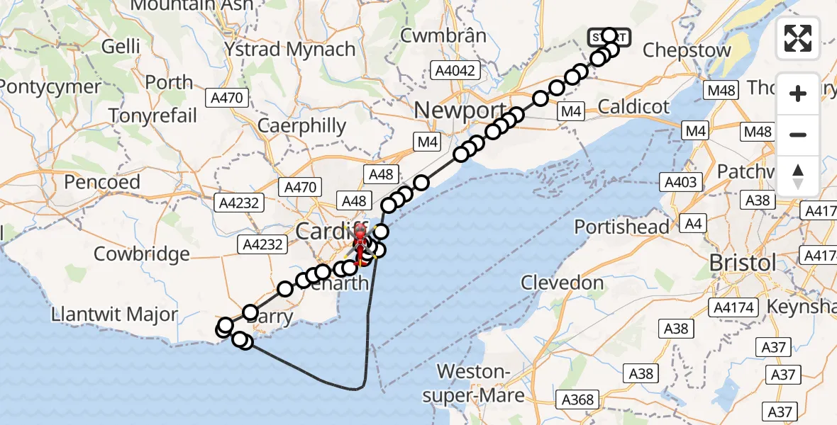 Flight route Air Ambulance Helicopter Newchurch - Cardiff Heliport, 23 May 2026, 11:18