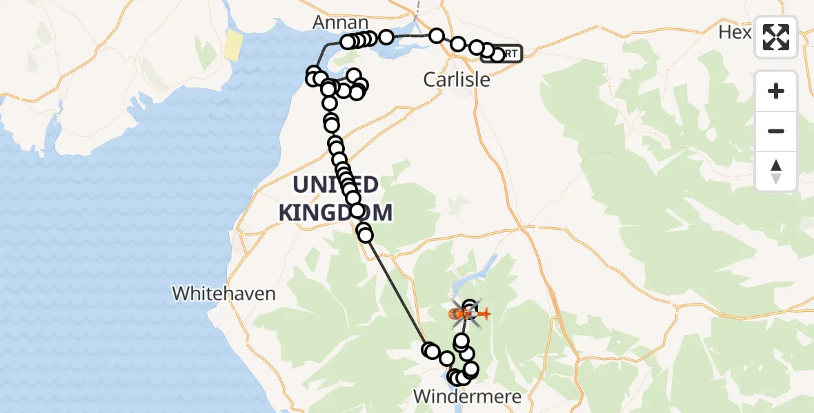 Flight route Coastguard Helicopter Carlisle Lake District Airport - Patterdale, 23 May 2026, 11:19