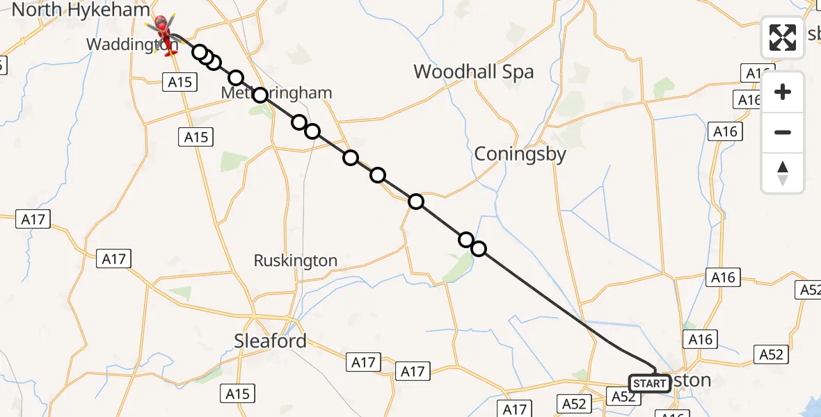 Flight route Air Ambulance Helicopter Boston - North Kesteven, 23 May 2026, 11:20