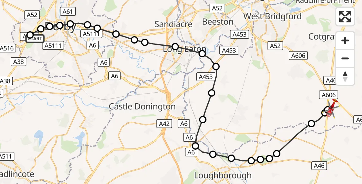 Flight route Air Ambulance Helicopter Royal Derby Trauma Unit - Nottingham Heliport, 23 May 2026, 11:22