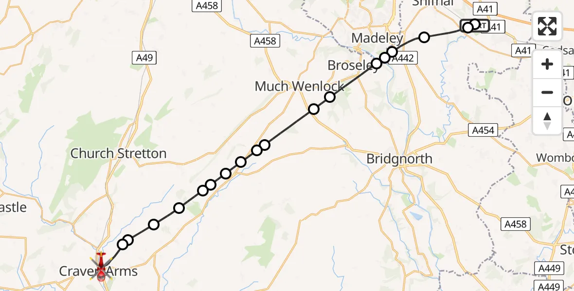 Flight route Air Ambulance Helicopter RAF Cosford - Craven Arms, 23 May 2026, 11:34