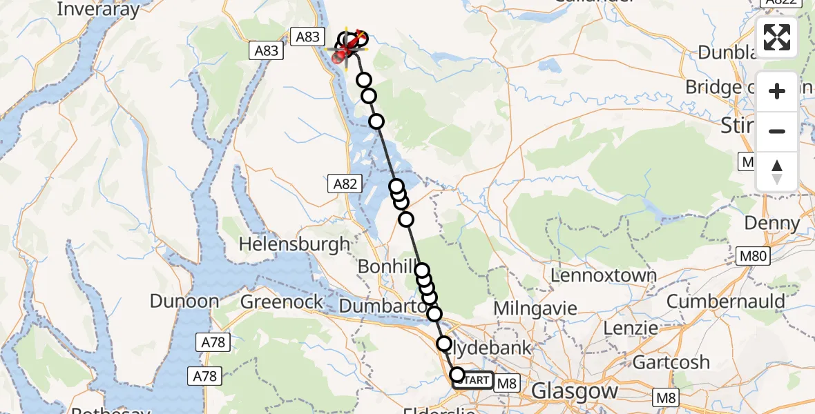 Flight route Air Ambulance Helicopter Glasgow Airport - Bealach Buidhe, 23 May 2026, 11:35