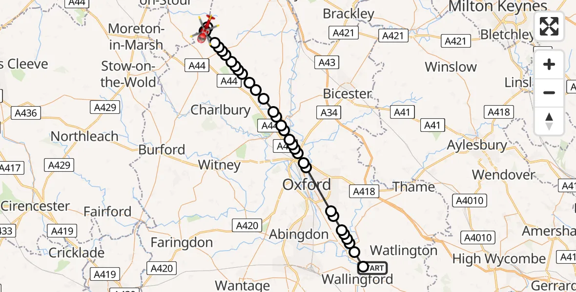 Flight route Air Ambulance Helicopter RAF Benson - Whichford, 23 May 2026, 11:39