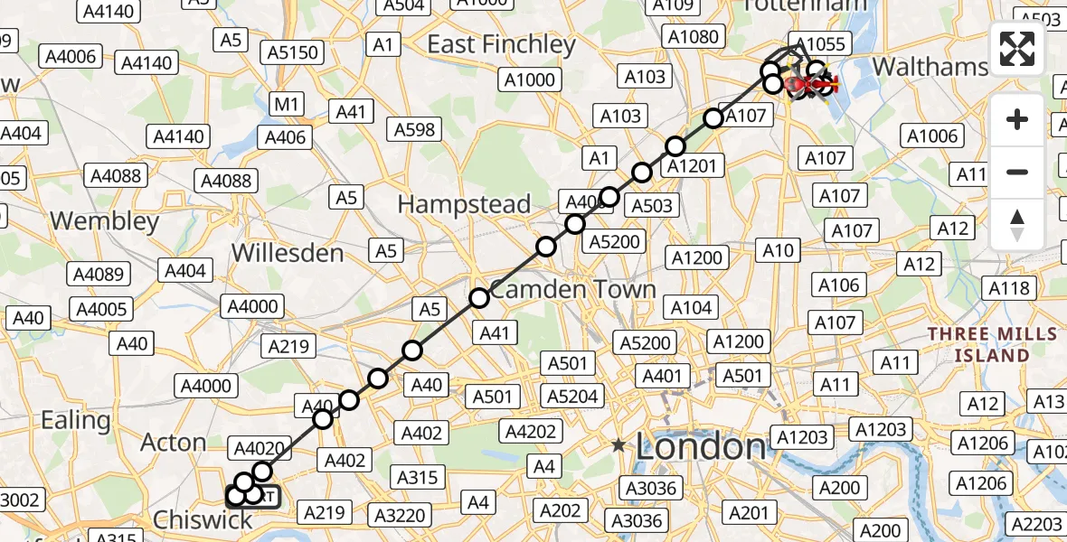 Flight route Air Ambulance Helicopter Hammersmith and Fulham - Stamford Hill, 23 May 2026, 11:40