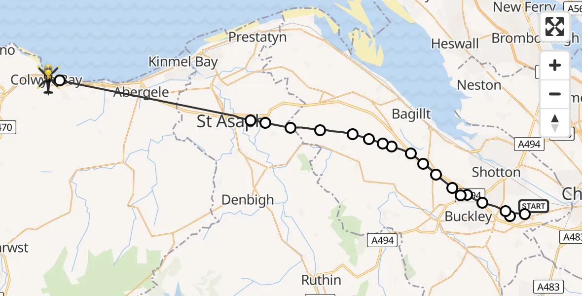 Flight route Police Helicopter Hawarden Airport - Colwyn Bay, 23 May 2026, 11:42