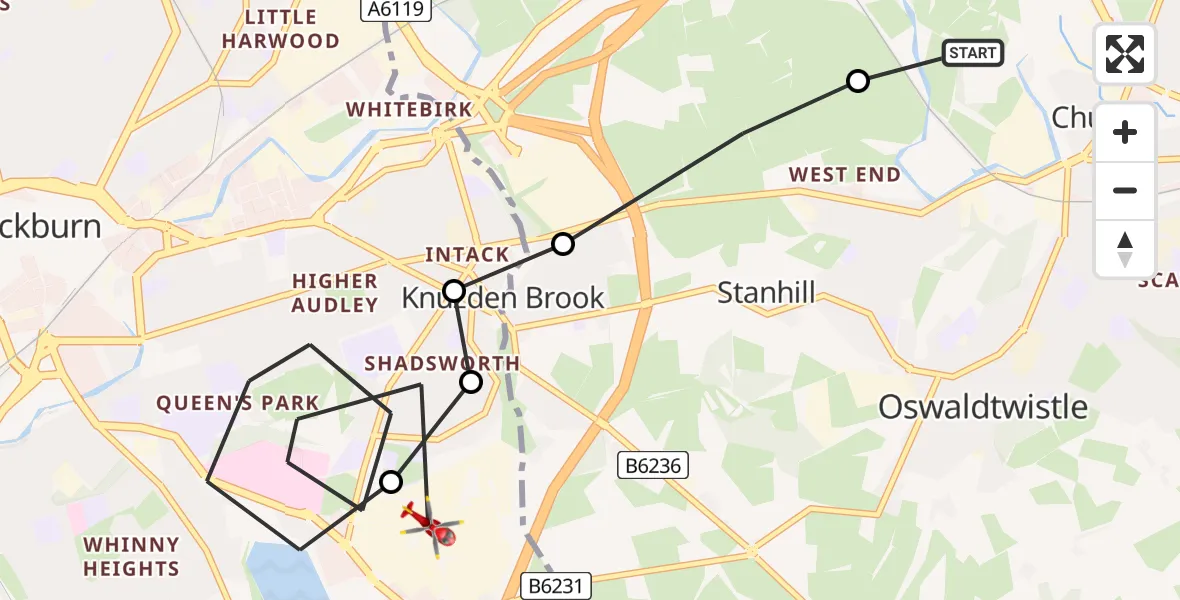 Flight route Air Ambulance Helicopter Church - Blackburn, 23 May 2026, 11:56