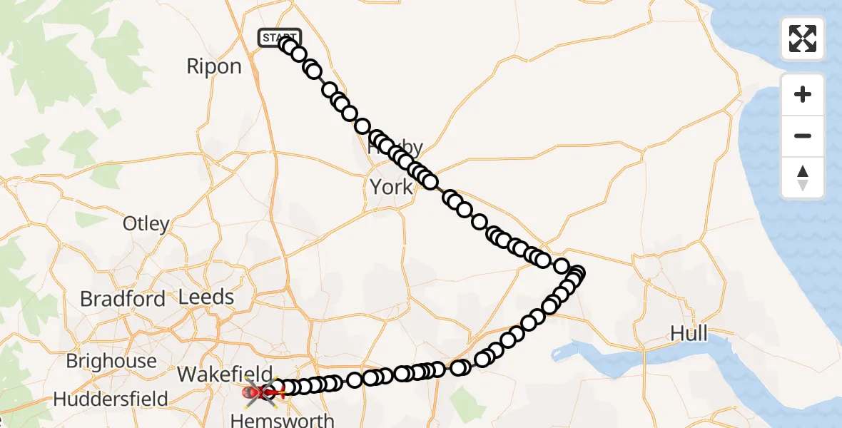 Flight route Air Ambulance Helicopter Topcliffe - YAA Nostell Helicopter Port, 23 May 2026, 12:01