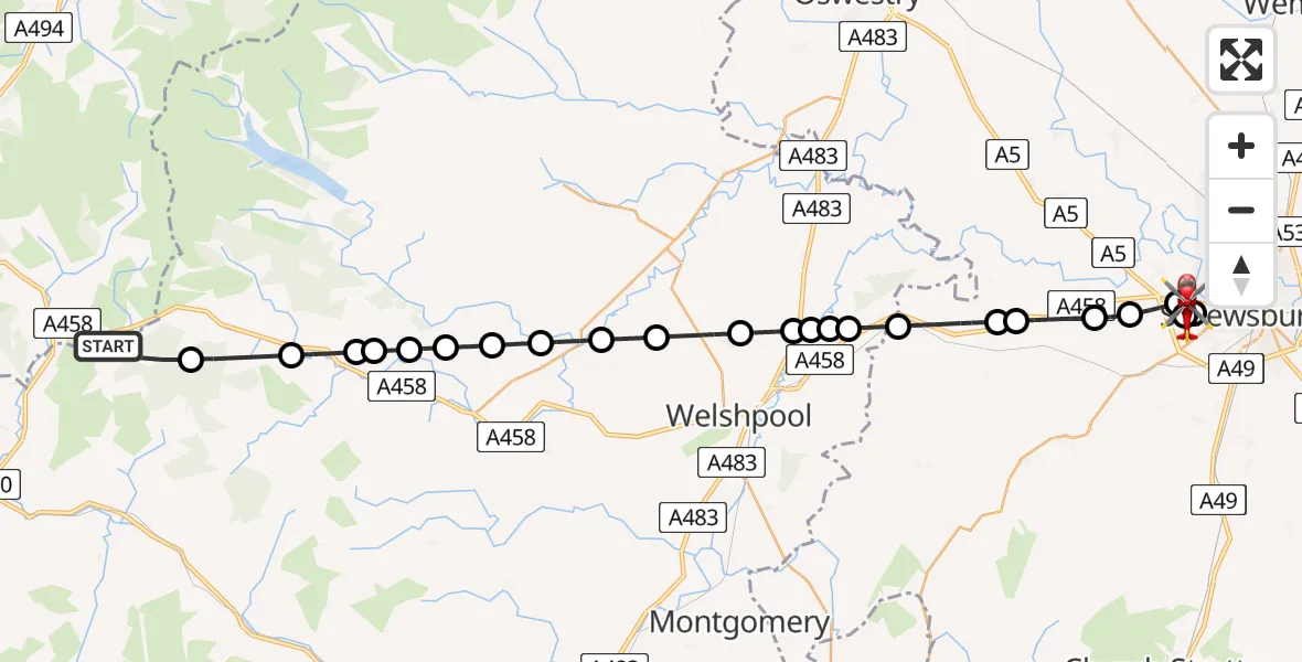 Flight route Air Ambulance Helicopter Llanbrynmair - Shrewsbury, 23 May 2026, 12:00