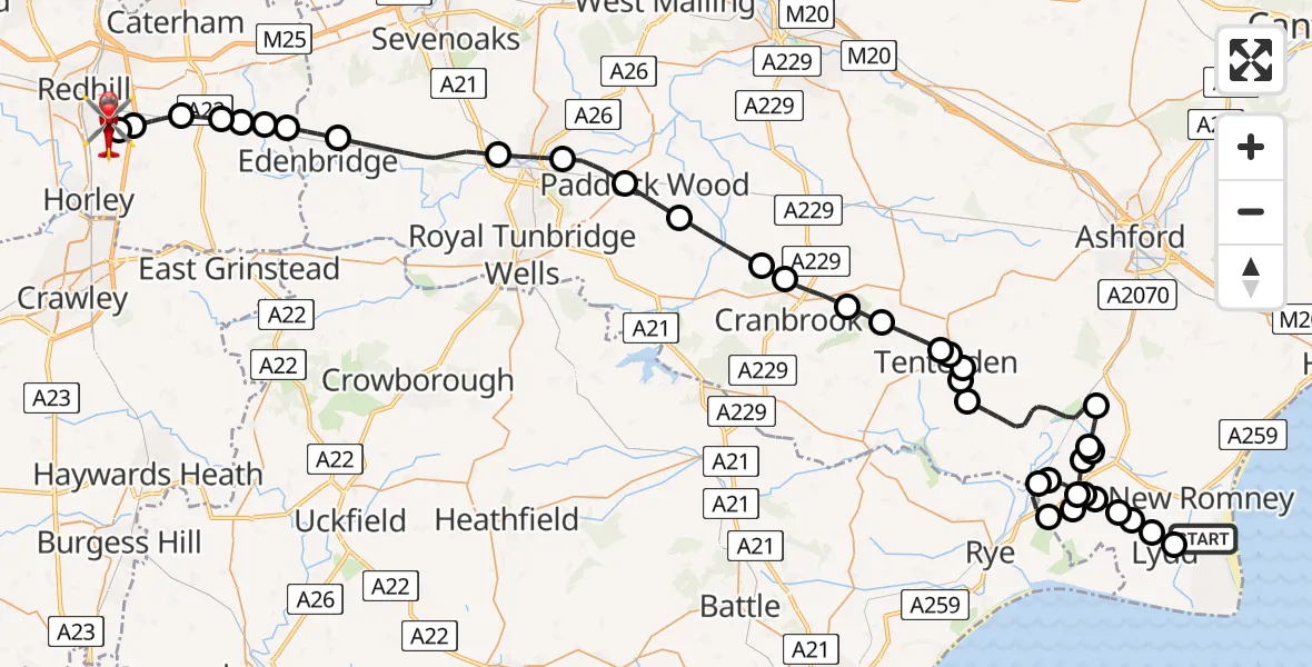 Flight route Air Ambulance Helicopter Lydd London Ashford Airport - Redhill Aerodrome, 23 May 2026, 12:02