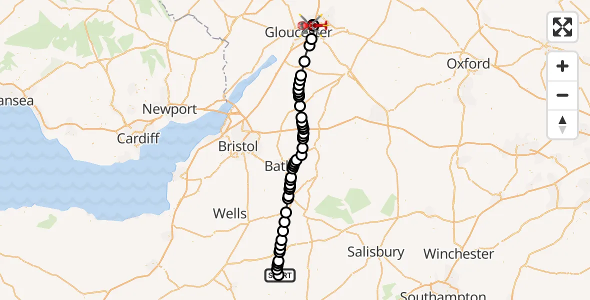 Flight route Air Ambulance Helicopter Henstridge Airfield - Tewkesbury, 23 May 2026, 12:06