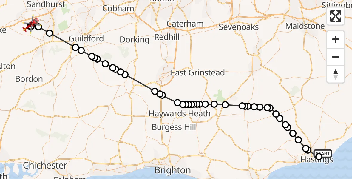Flight route Air Ambulance Helicopter Hastings - Crookham Village, 23 May 2026, 12:10