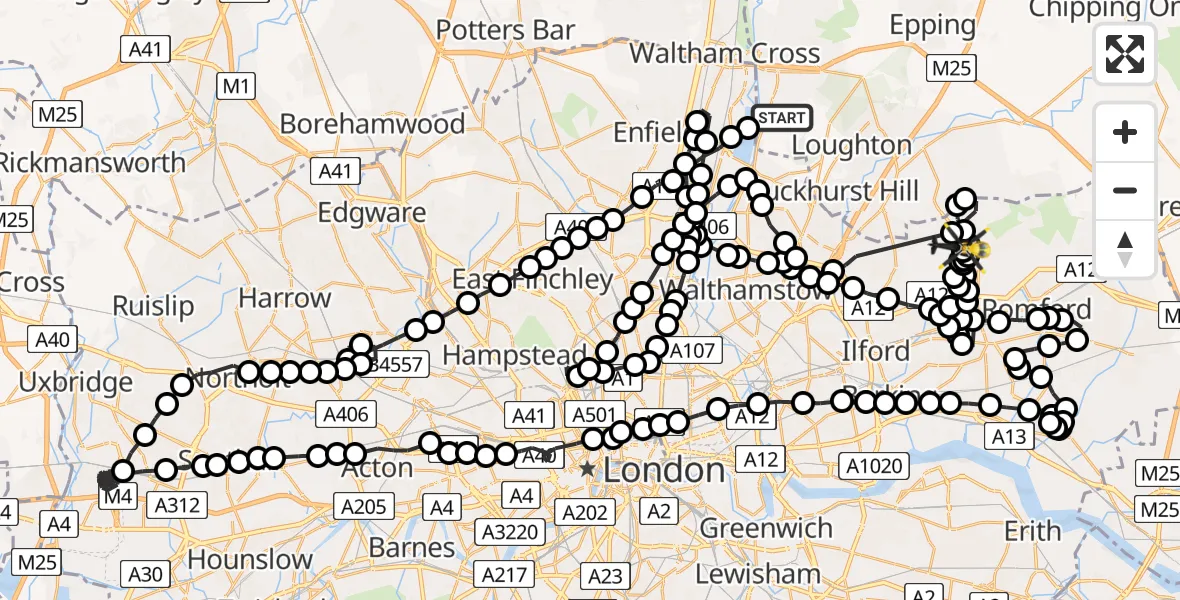 Flight route Police Helicopter Sewardstonebury - Hainault, 23 May 2026, 12:20