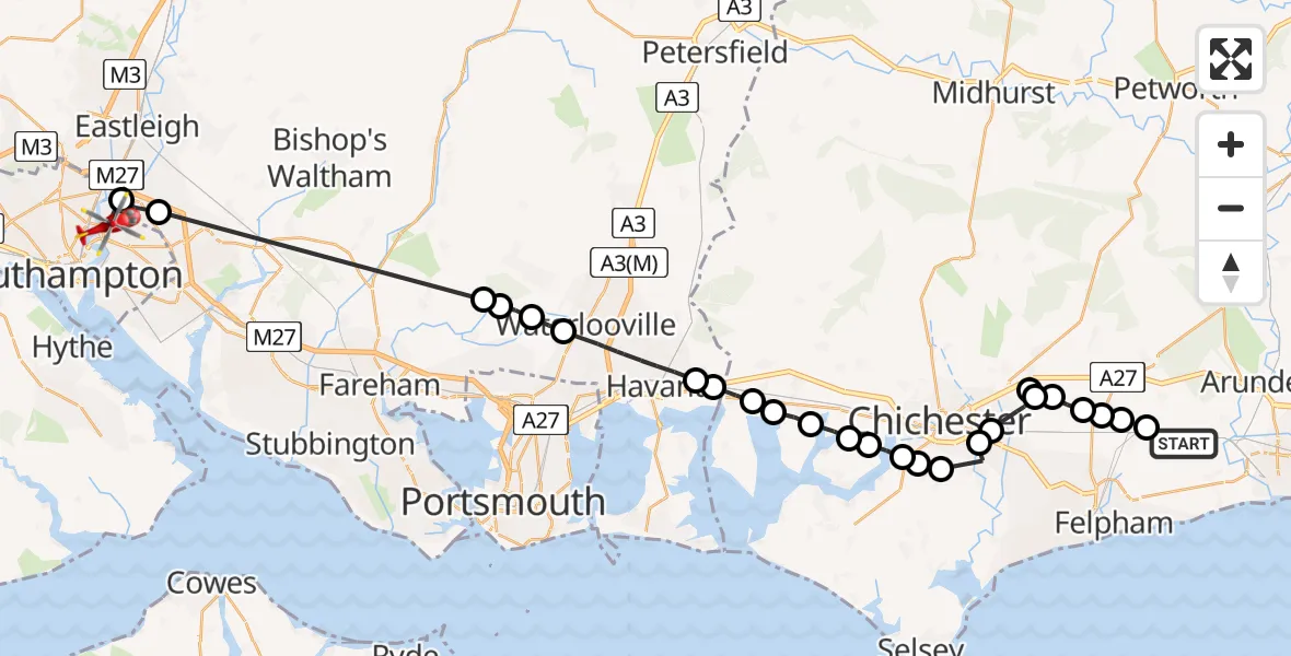Flight route Air Ambulance Helicopter Yapton - Bitterne Park, 23 May 2026, 12:31