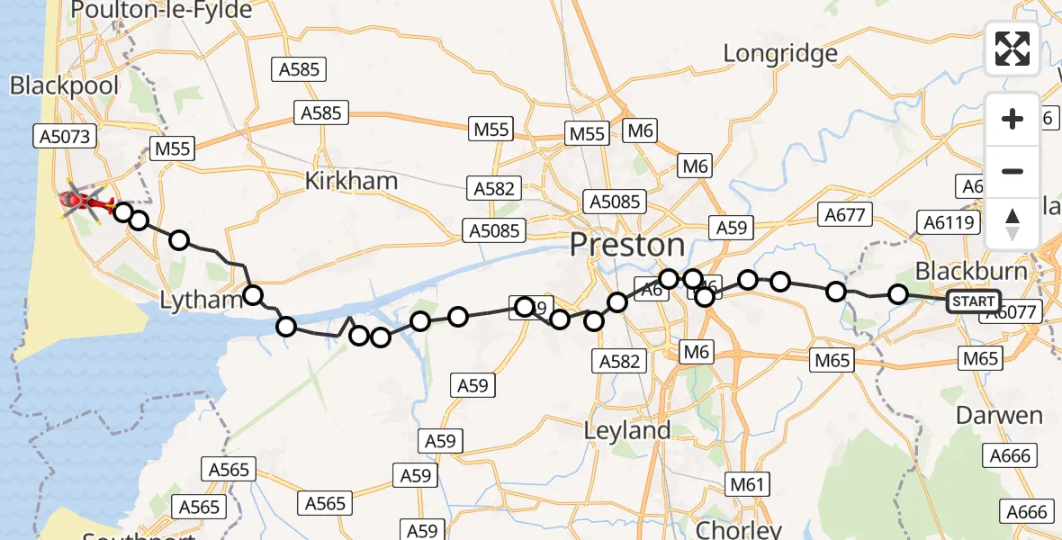 Flight route Air Ambulance Helicopter Blackburn - Blackpool Airport, 23 May 2026, 12:31