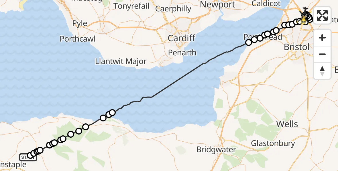 Flight route Police Helicopter Stoke Rivers - Almondsbury Helicopter Base, 23 May 2026, 12:33