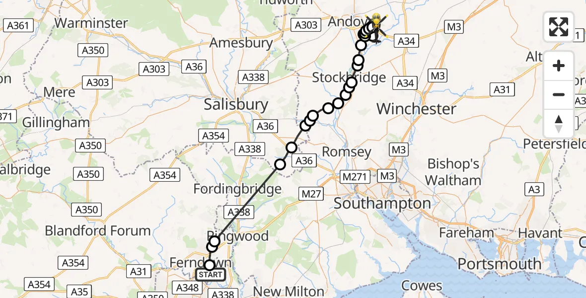 Flight route Police Helicopter Parley Cross - Longparish, 23 May 2026, 12:43