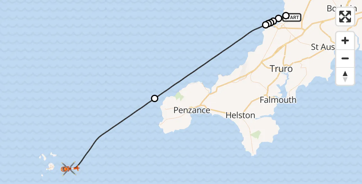 Flight route Coastguard Helicopter Cornwall Airport Newquay - North Atlantic Ocean, 23 May 2026, 12:50