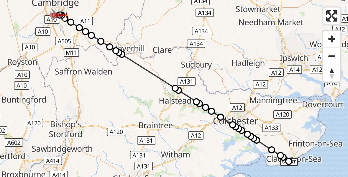 Flight route Air Ambulance Helicopter Clacton Airfield - Papworth Hospital, 23 May 2026, 12:50