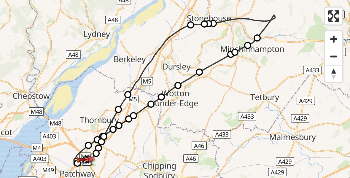 Flight route Air Ambulance Helicopter Almondsbury Helicopter Base - Almondsbury Helicopter Base, 23 May 2026, 12:59