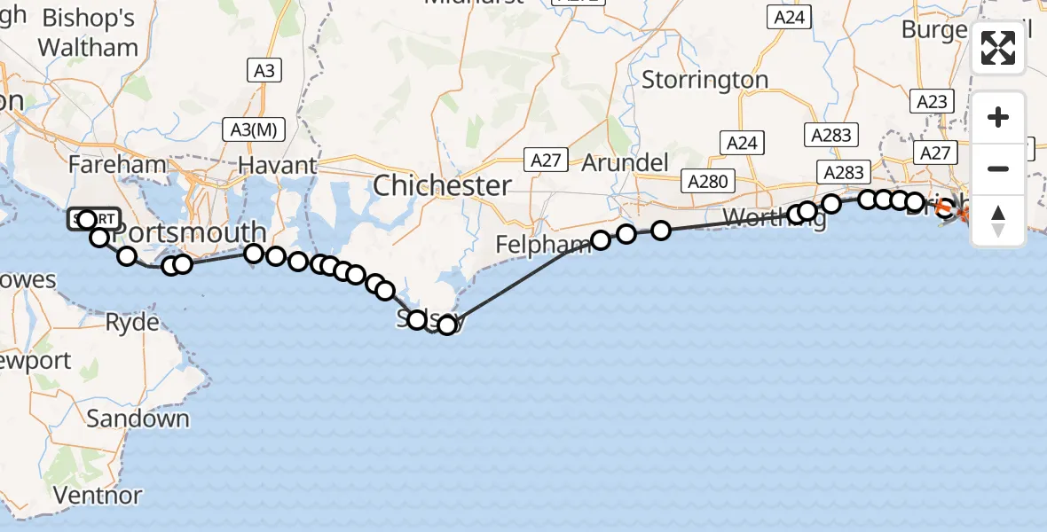 Flight route Coastguard Helicopter Solent Airport - English Channel, 23 May 2026, 13:01
