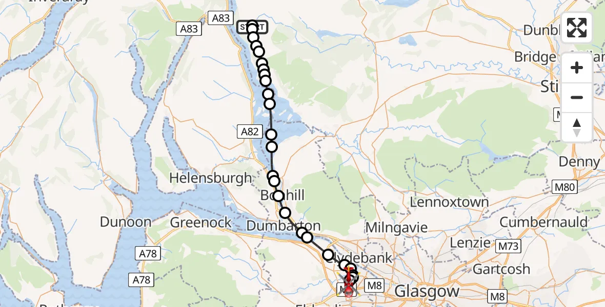 Flight route Air Ambulance Helicopter Stirling - Glasgow Airport, 23 May 2026, 13:03