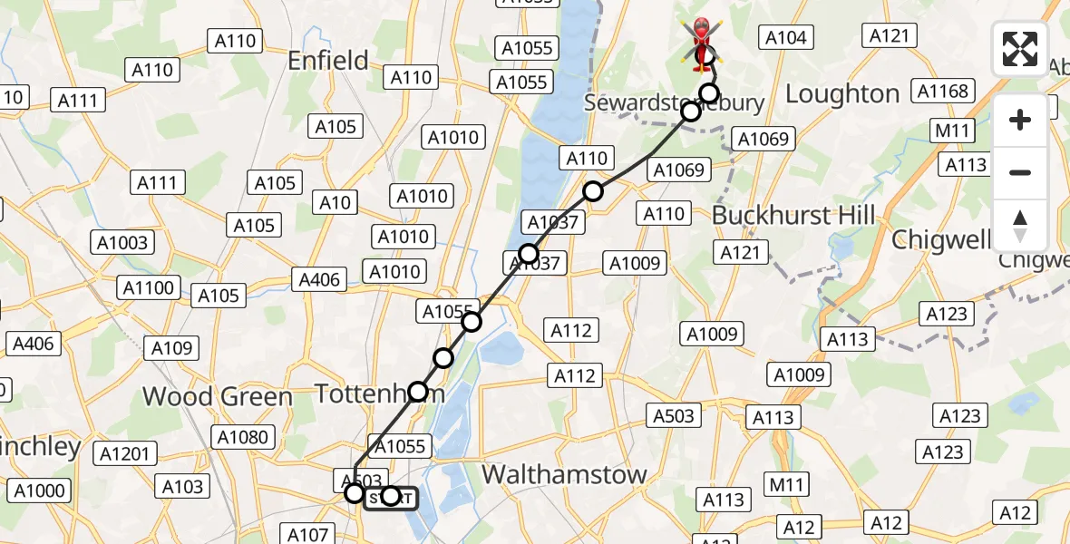 Flight route Air Ambulance Helicopter Haringey - Metropolitan Police Air Support Unit Lippitts Hill, 23 May 2026, 13:05
