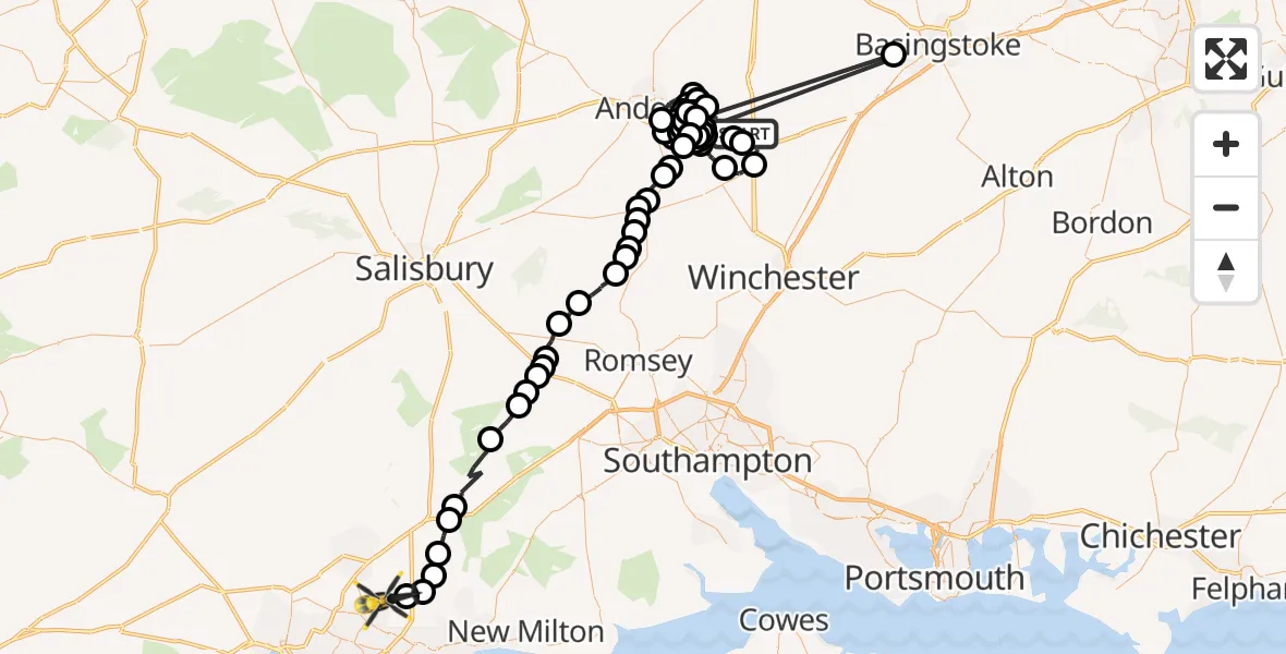 Flight route Police Helicopter Longparish - Bournemouth Airport, 23 May 2026, 13:12