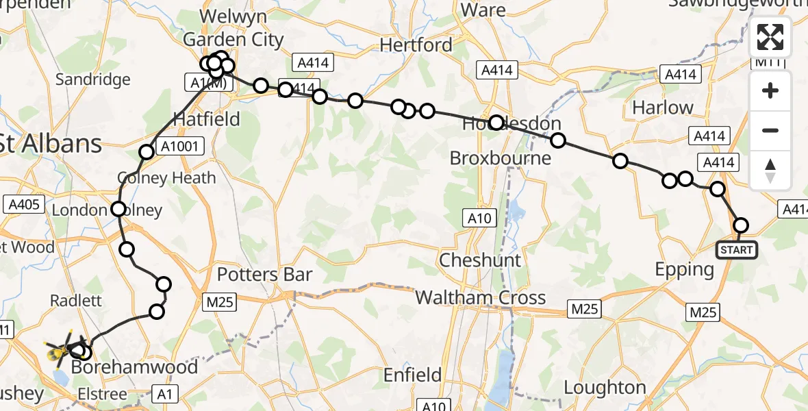 Flight route Police Helicopter Coopersale - Aldenham, 23 May 2026, 13:14