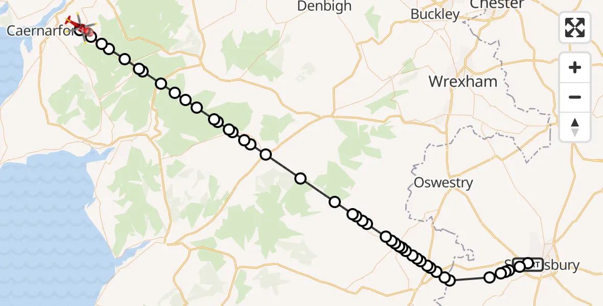Flight route Air Ambulance Helicopter Shrewsbury Royal Hospital - Cwm-y-glo, 23 May 2026, 13:17