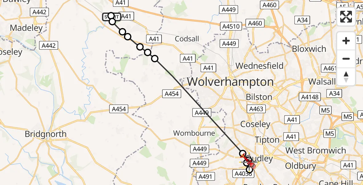 Flight route Air Ambulance Helicopter RAF Cosford - Dudley, 23 May 2026, 13:18