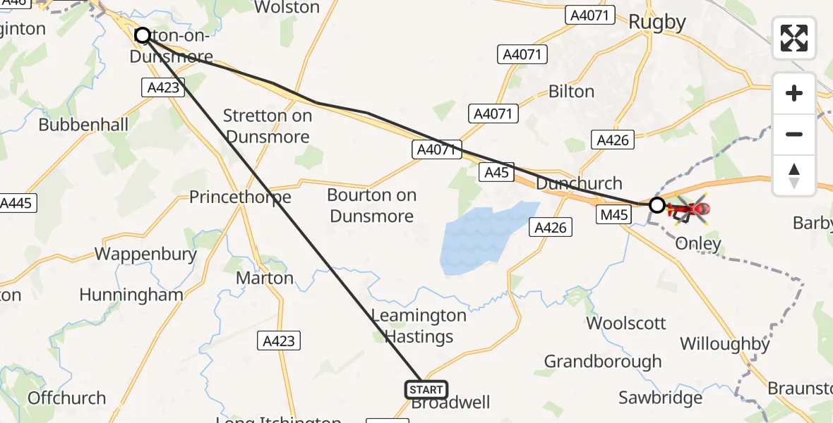 Flight route Air Ambulance Helicopter Rugby - Onley, 23 May 2026, 13:24