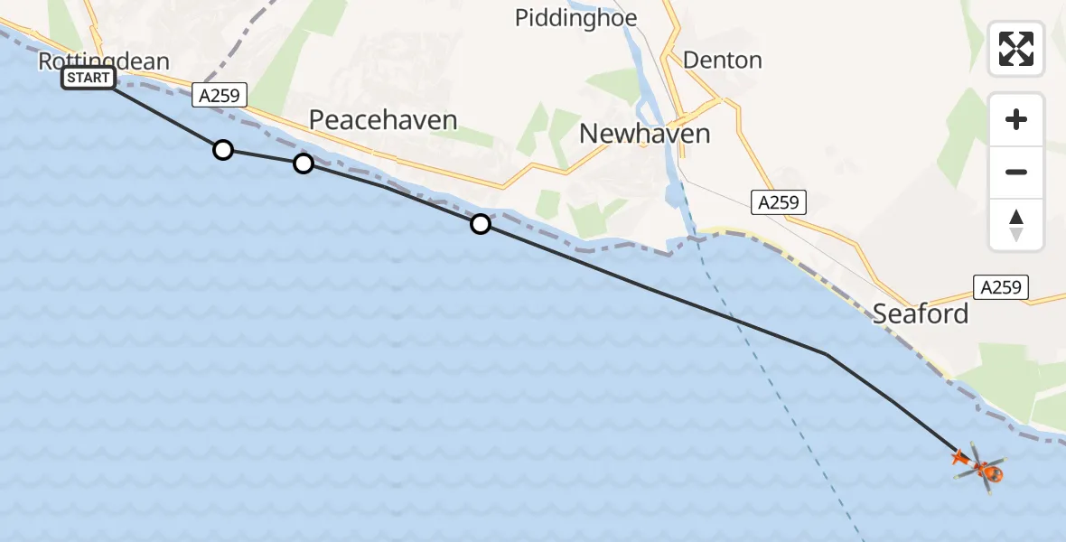 Flight route Coastguard Helicopter Rottingdean - English Channel, 23 May 2026, 13:30