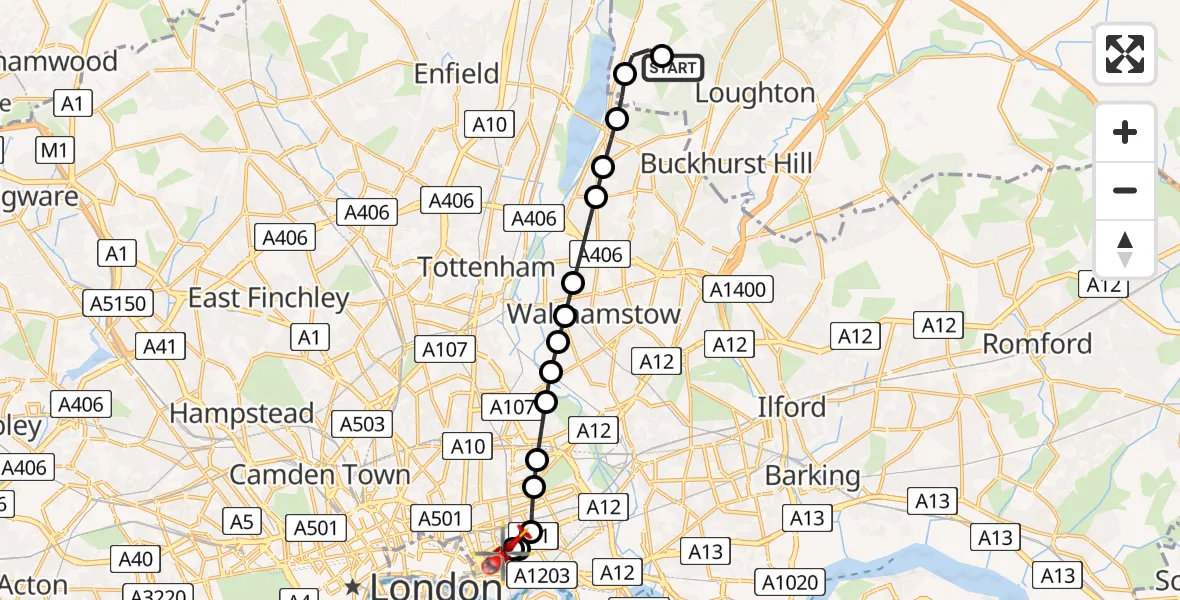 Flight route Air Ambulance Helicopter Metropolitan Police Air Support Unit Lippitts Hill - Royal London Hospital, 23 May 2026, 13:33
