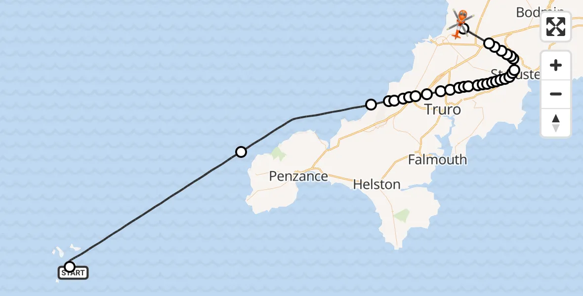 Flight route Coastguard Helicopter St. Mary's Airport - Cornwall Airport Newquay, 23 May 2026, 13:36
