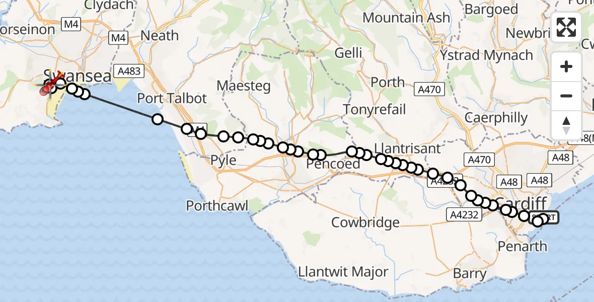 Flight route Air Ambulance Helicopter Cardiff Heliport - Singleton, 23 May 2026, 13:44