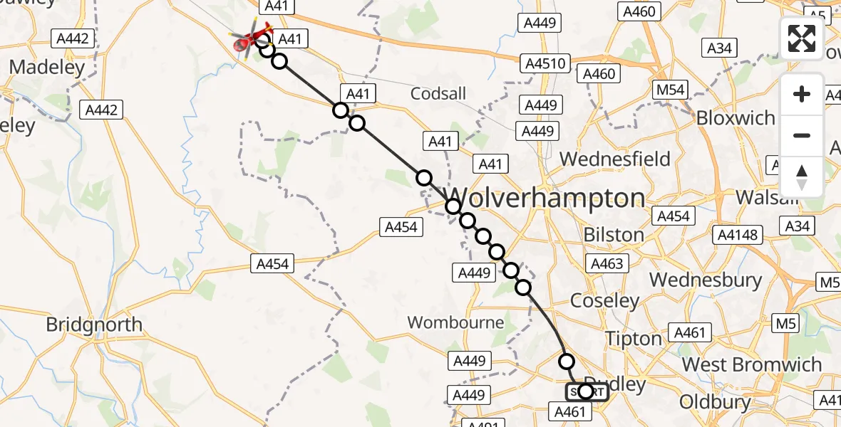 Flight route Air Ambulance Helicopter Dudley - Tong, 23 May 2026, 13:49