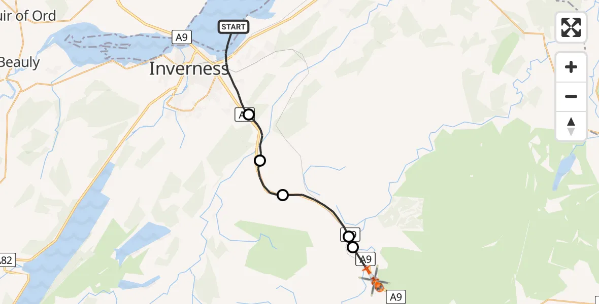 Flight route Coastguard Helicopter Inverness - Tomatin, 23 May 2026, 13:54