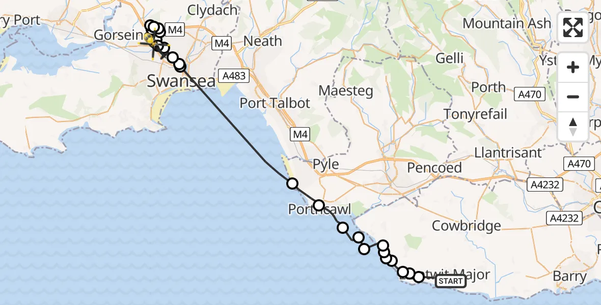Flight route Police Helicopter Llantwit Major - Penllergaer, 23 May 2026, 14:02