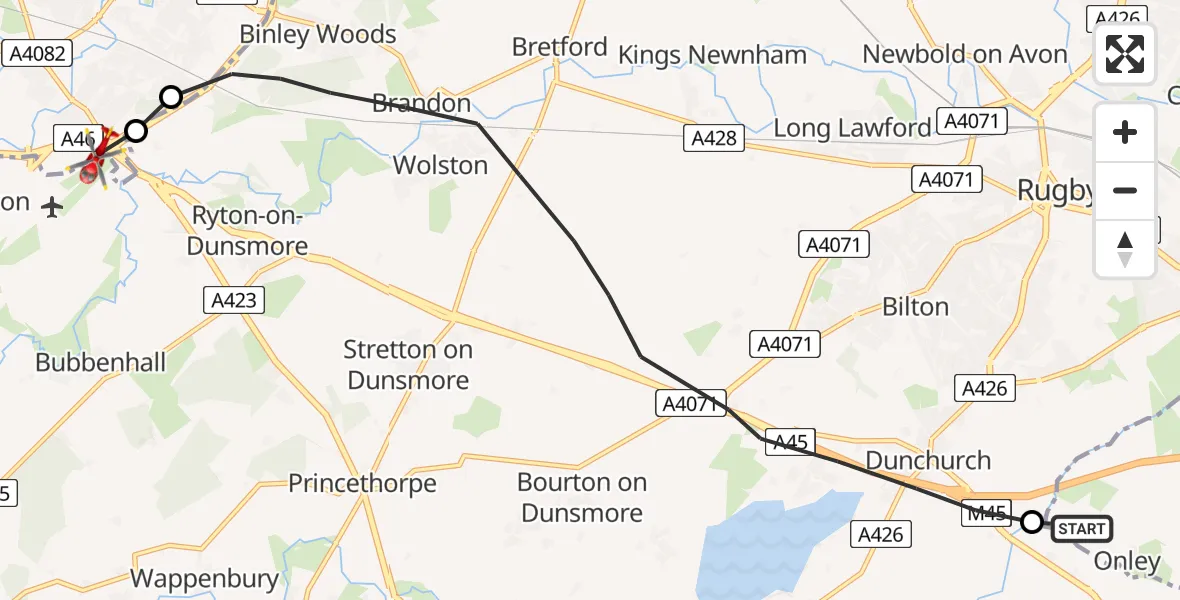 Flight route Air Ambulance Helicopter Onley - Tollbar End, 23 May 2026, 14:04